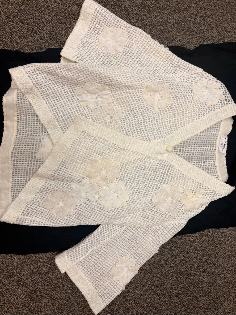 CHANEL Cream Crochet Floral Open-Front Shrug